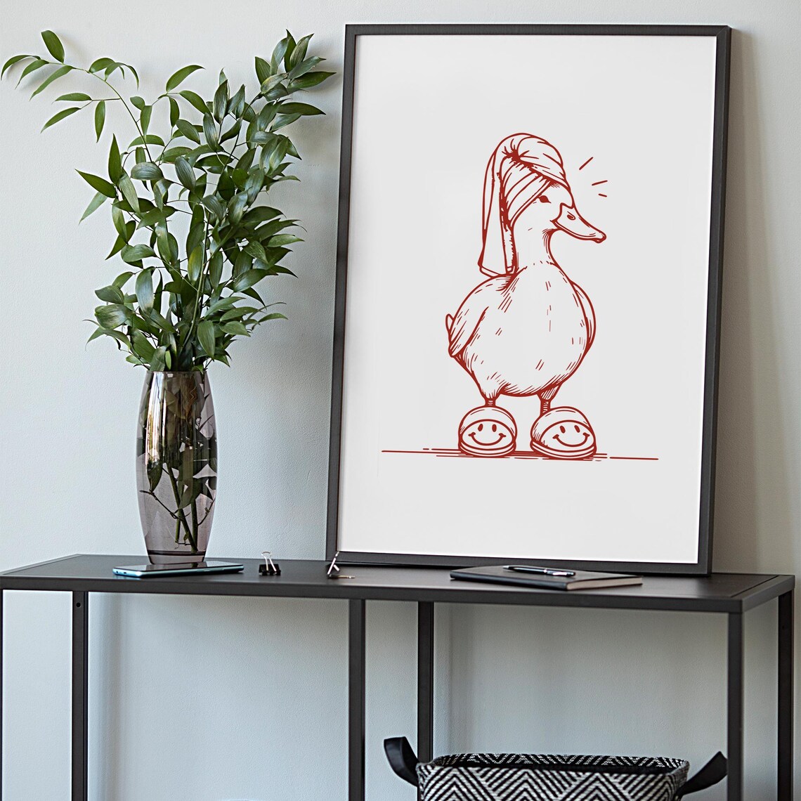 Funny Duck Red Line Art Towel Turban Slippers Bathroom Poster