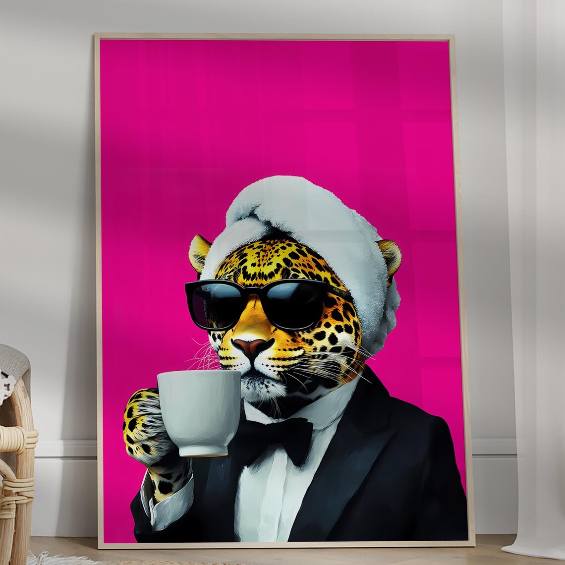 Dapper Leopard in Bow Tie Coffee Poster Hot Pink Bold Statement Wall Piece
