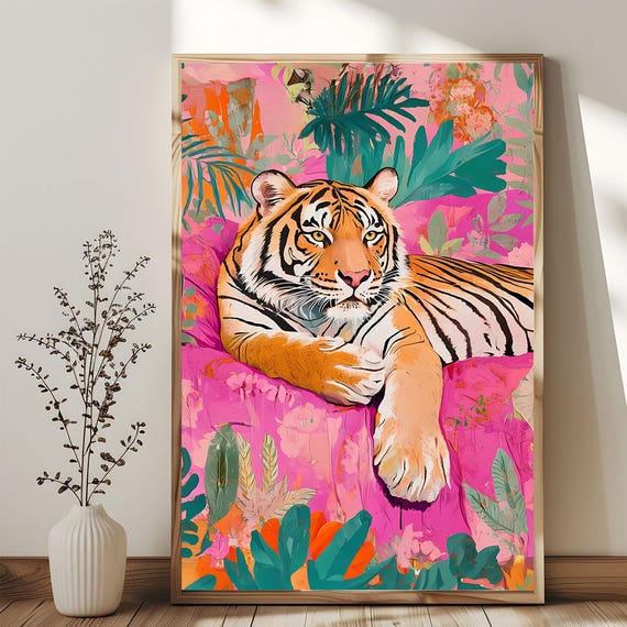 Maximalist Tiger Sleeping Wall Art Poster Jungle Decor Living Room