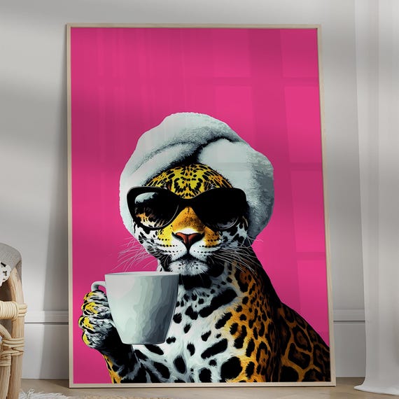 Leopard Drinking Coffee Maximalist Oil Painting Wall Art Dopamine Dining Room Colorful Trendy Kitchen Vivid Morning Poster