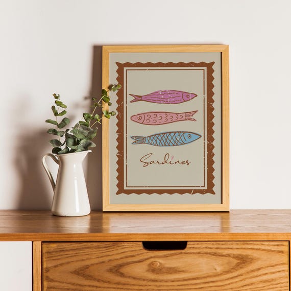 Retro Sardines Poster Vintage Stamp Art Fish Kitchen Wall Trendy Seafood Artwork Tinned Fisherman Decor