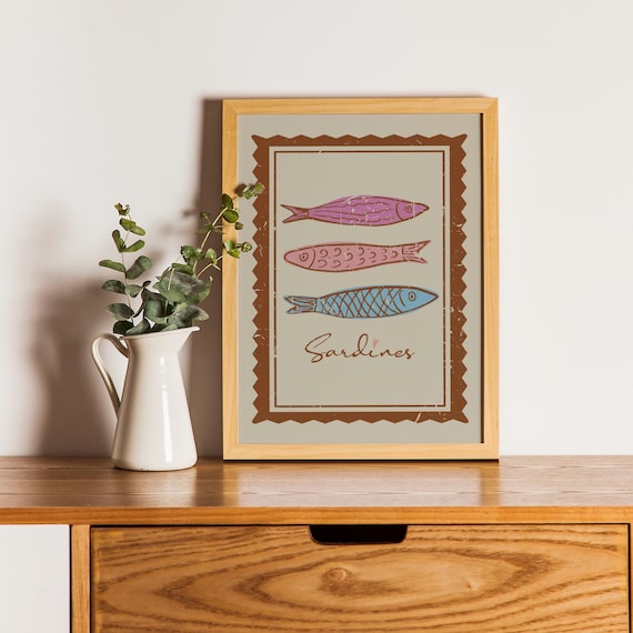 Retro Sardines Stamp Style Poster with Three Colorful Fish Illustrations