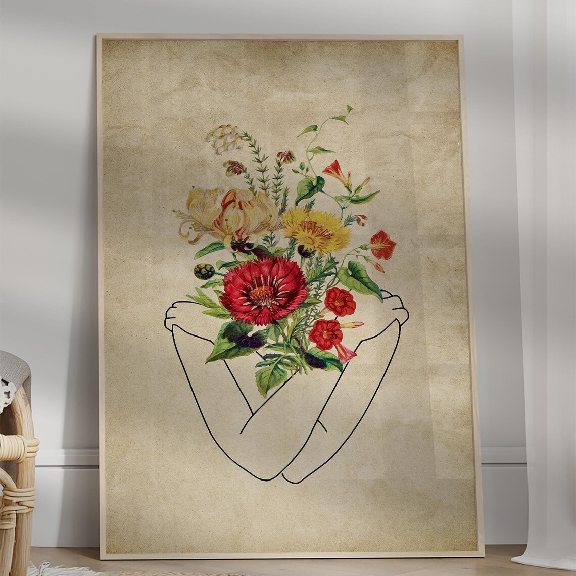 Woman Hands Holding Flowers Line Art Poster Vintage Botanical Bouquet