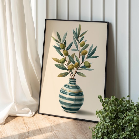 Olive Branch Wall Art Modern Mediterranean Vase Print Minimalist Botanical Home Decor Green Tree Illustration Kitchen Living Roo