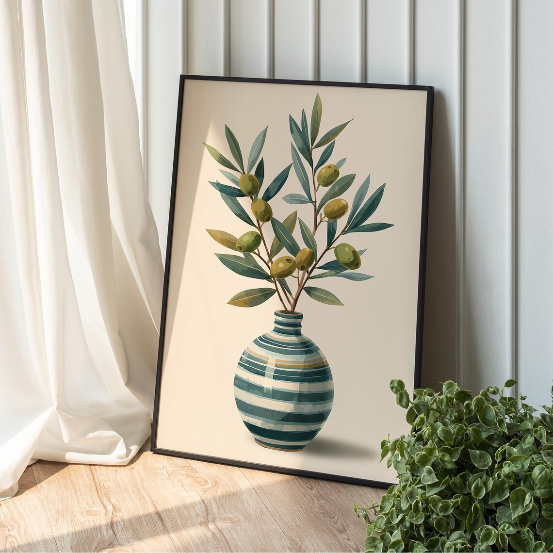 Olive Branch Wall Art Modern Mediterranean Vase Print Minimalist Botanical Home Decor Green Tree Illustration Kitchen Living Roo