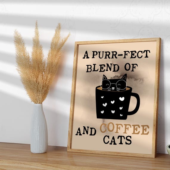 Coffee Poster Retro Kitchen Wall Art Morning Print And Cat Funny Lover Gift Perfect Decor