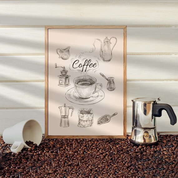 Coffee Vintage Sketch Engraving Moka Pot Grinder Barista Poster
