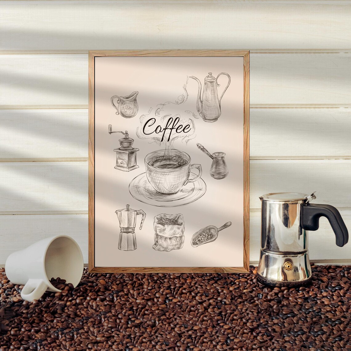 Coffee Vintage Sketch Engraving Moka Pot Grinder Barista Poster