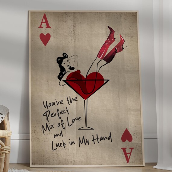 Trendy Ace Of Hearts Poster Retro Playing Card Wall Art Bar Cart Decor Preppy You Are My Lucky