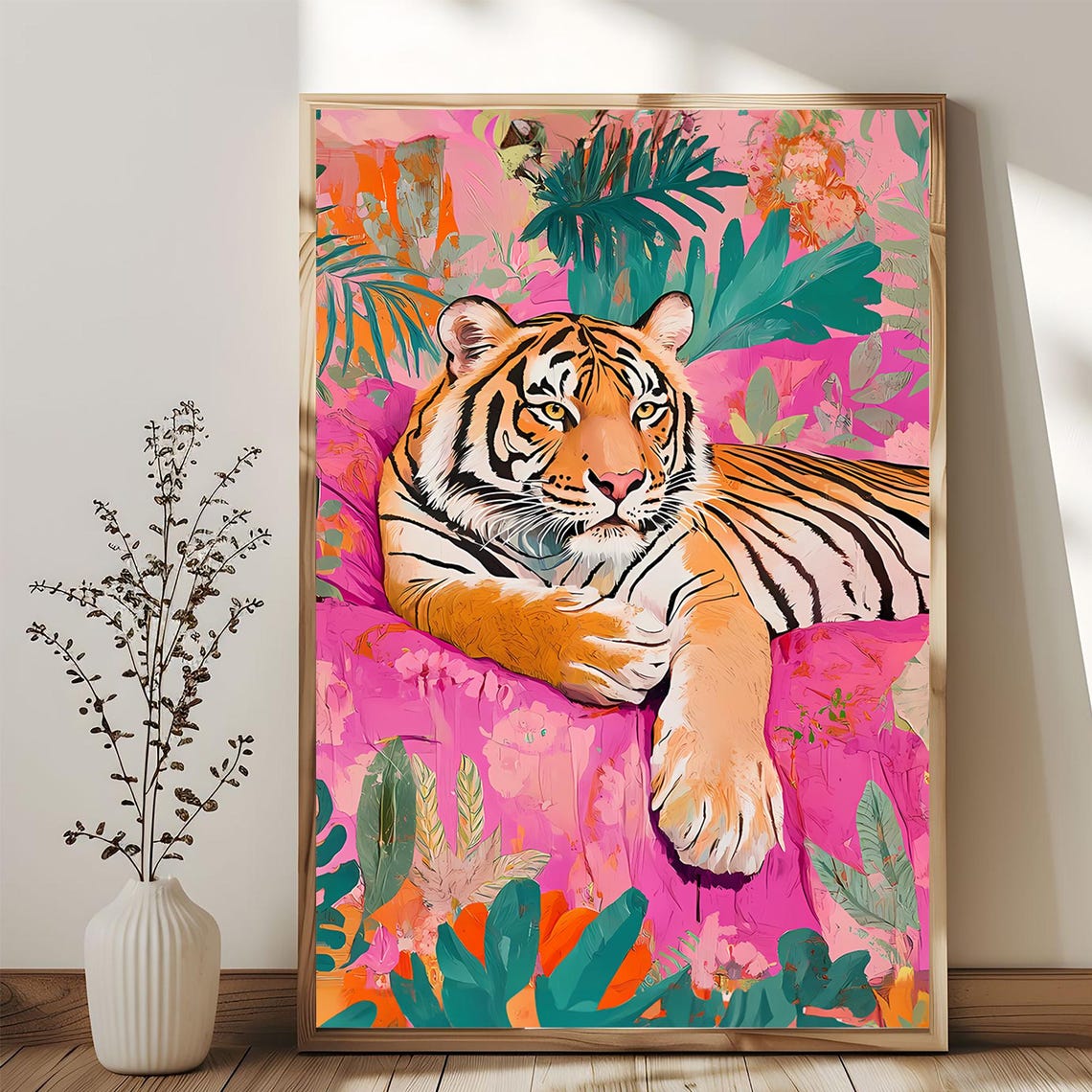 Vibrant Tiger Resting Among Hot Pink Tropical Foliage Art Poster