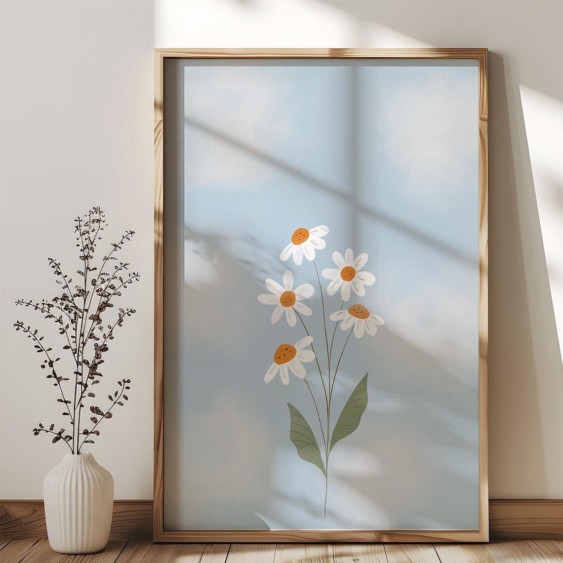 Delicate Minimalist White Daisy Flowers Blue Botanical Art Print