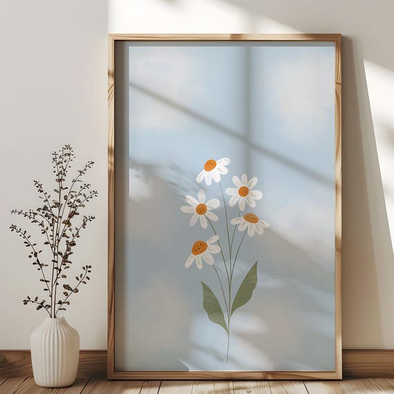 Pastel Blue Daisies Wall Art Daisy Poster Cute Floral Illustration Nursery Room Decor Botanical Flower Boho