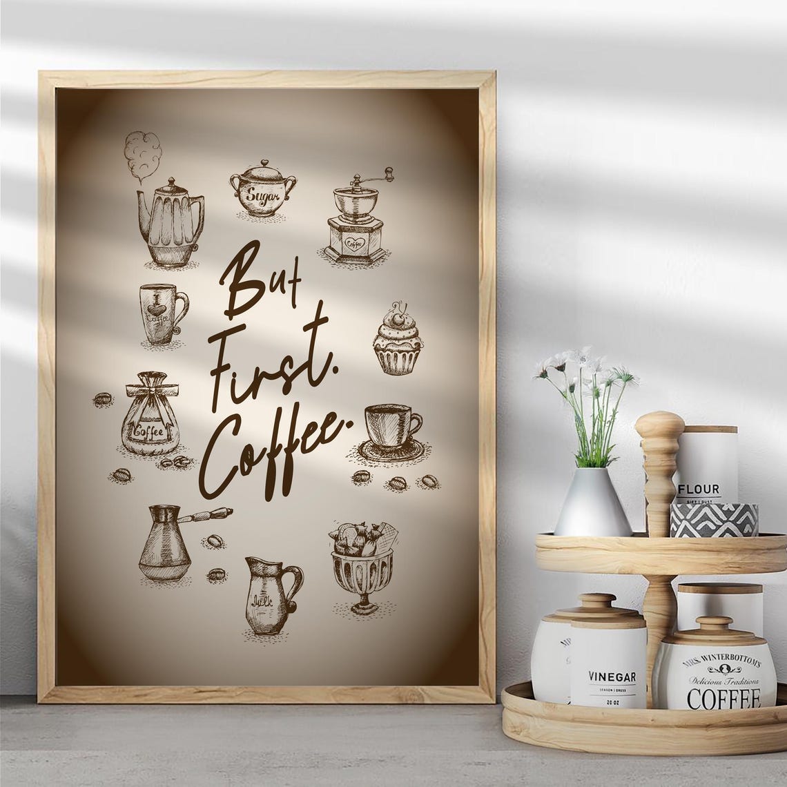 But First Coffee Quote Sketched Coffee Bar Vintage Kitchen Poster