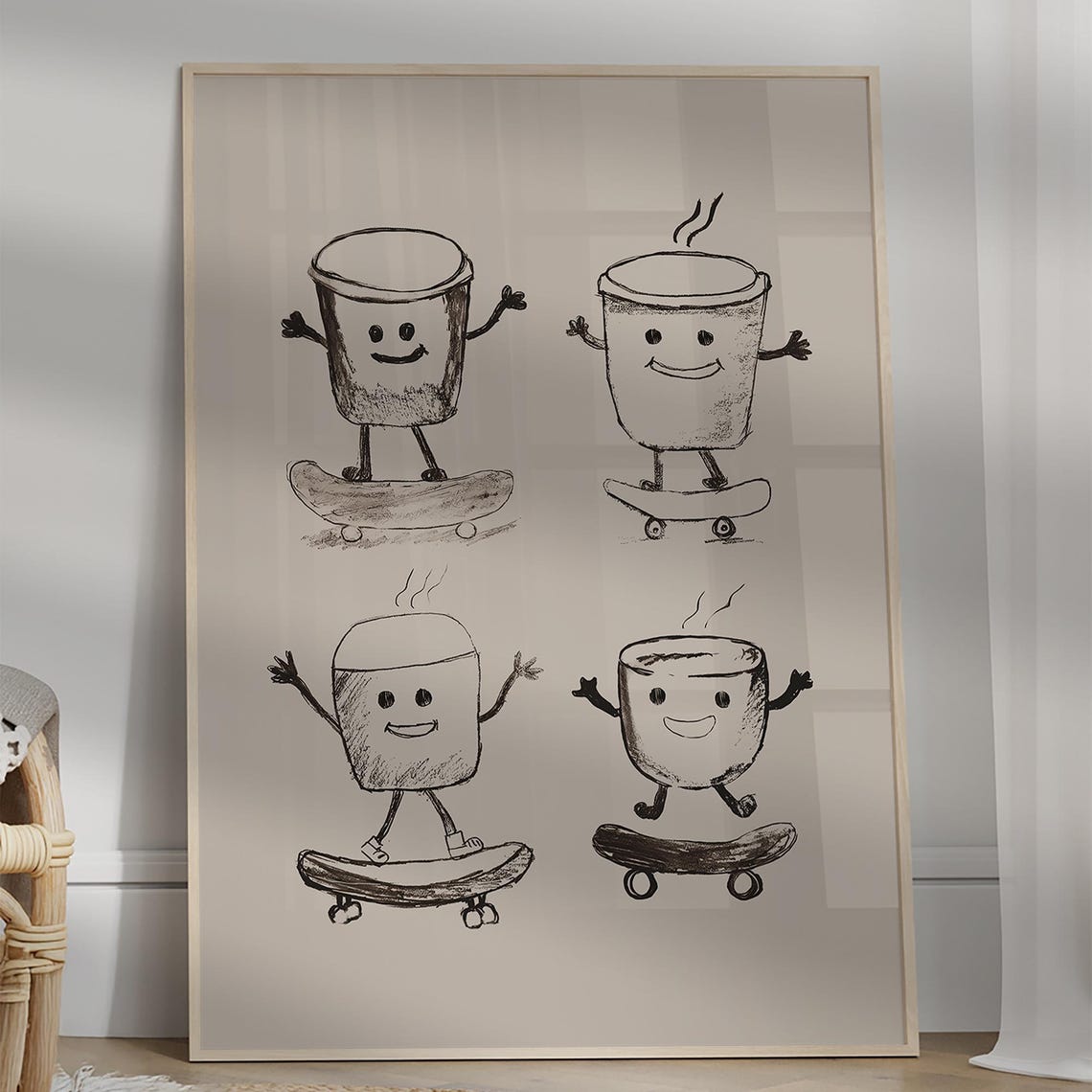 Funny Coffee Cup Characters Skateboard Doodle Kitchen Poster
