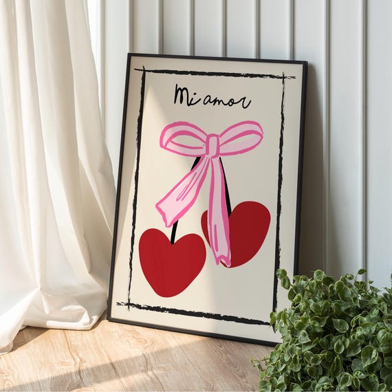Miamor Cherry Wall Art Print Feminine Poster Coquette Pink Bow Soft Girl Bedroom Decor Trendy