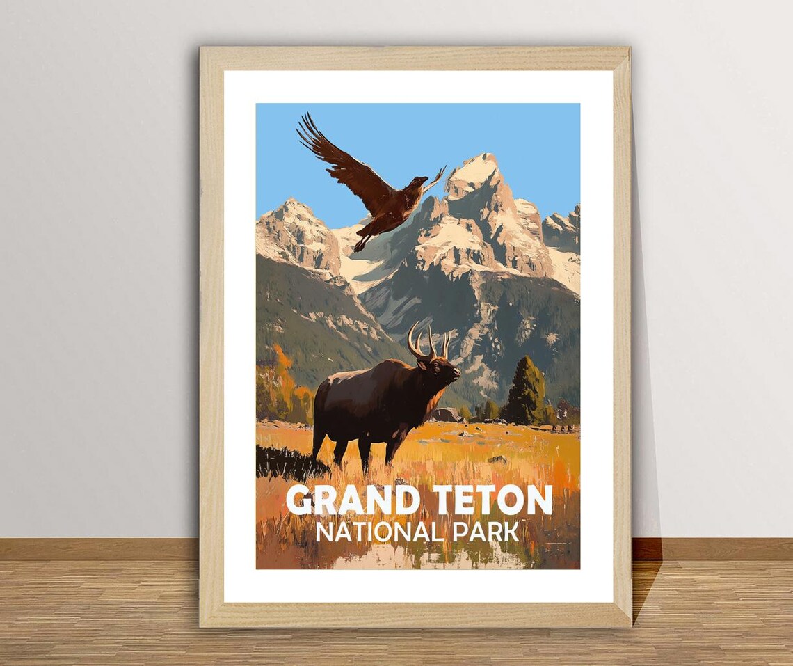 Grand Teton National Park Elk Eagle Wilderness Vintage Travel Poster