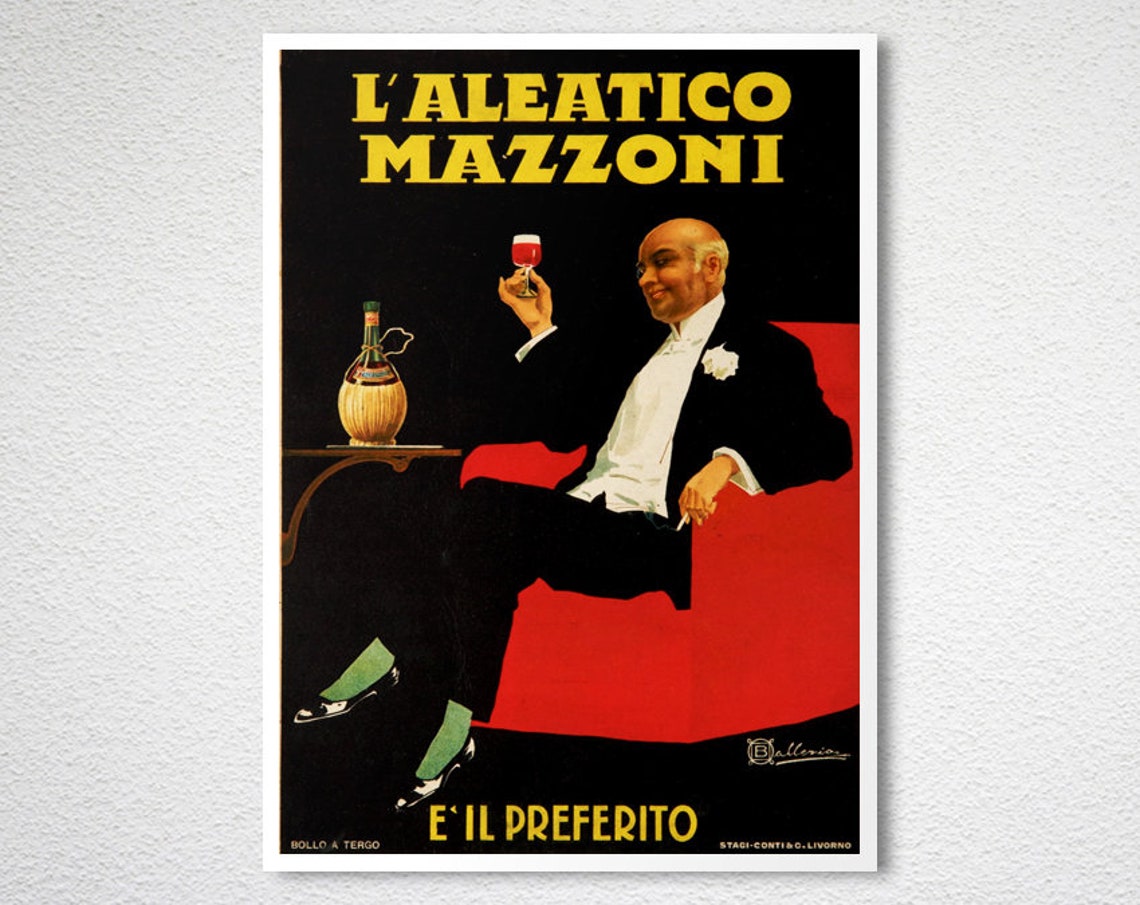 L Aleatico Mazzoni Tuxedo Gentleman Raising Wine Glass Vintage Poster - Image 2