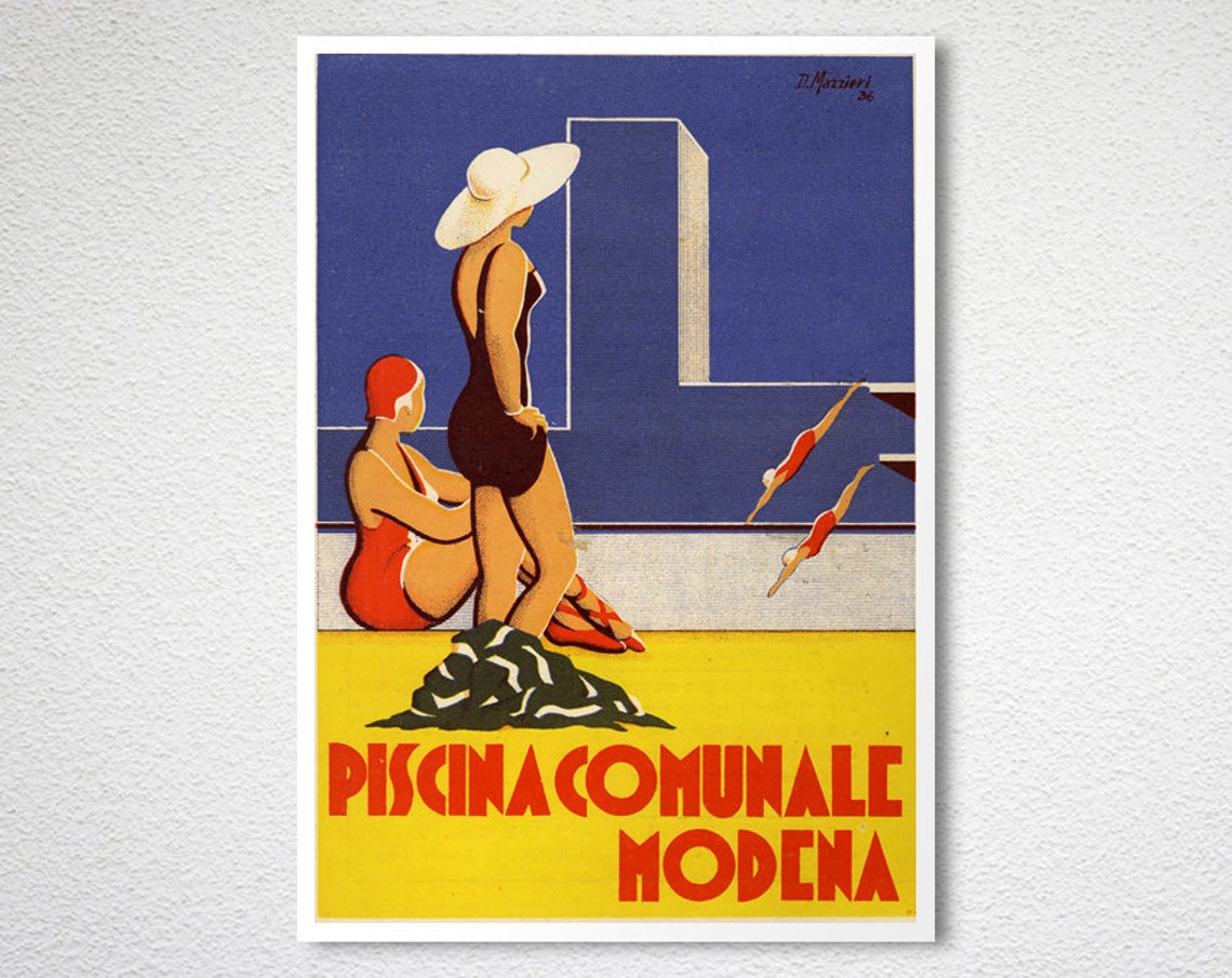 Piscina Comunale Modena Art Deco Pool Swimmers Vintage Poster - Image 2