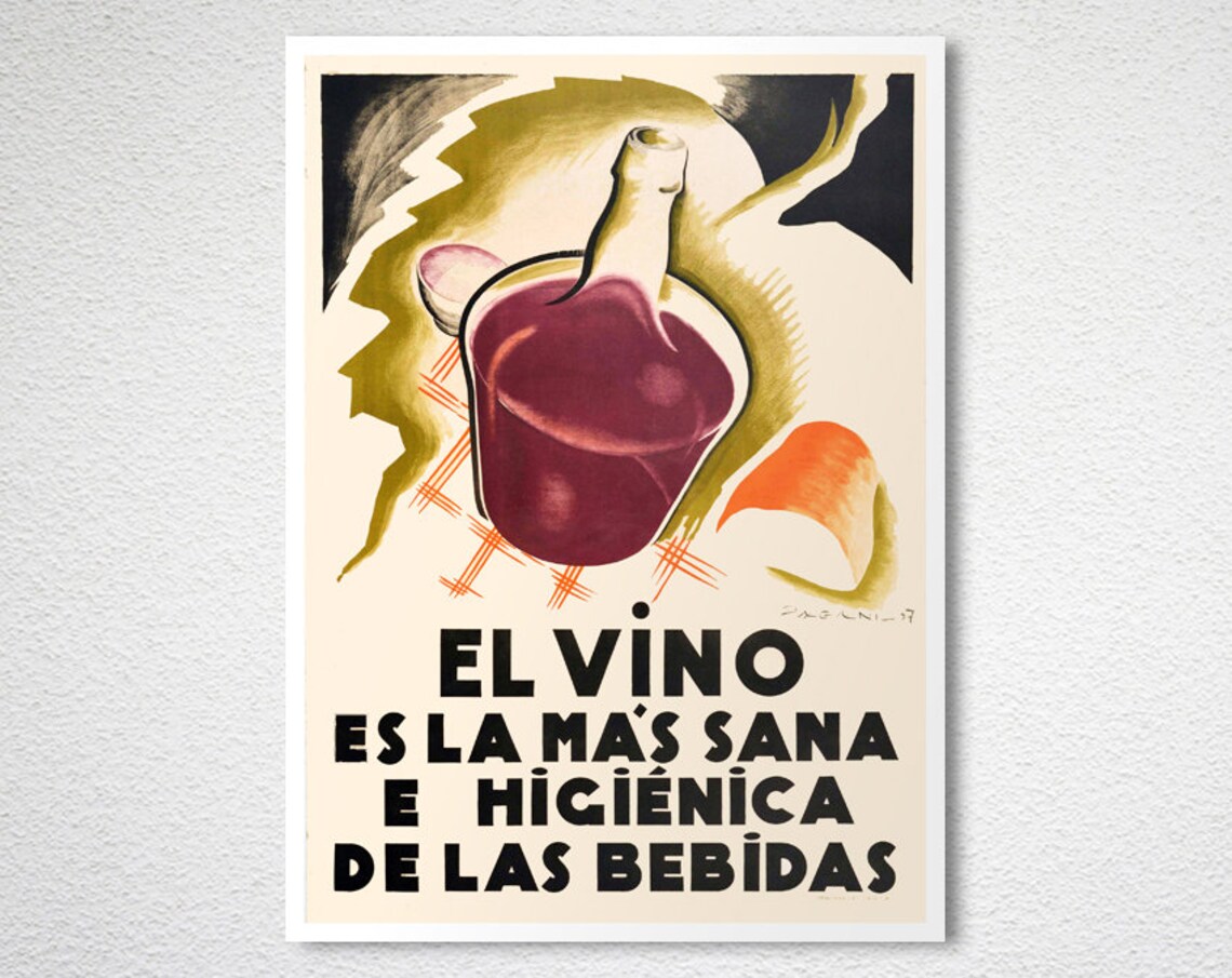 El Vino Spanish Vintage Wine Poster Health Slogan Bottle Art - Image 2