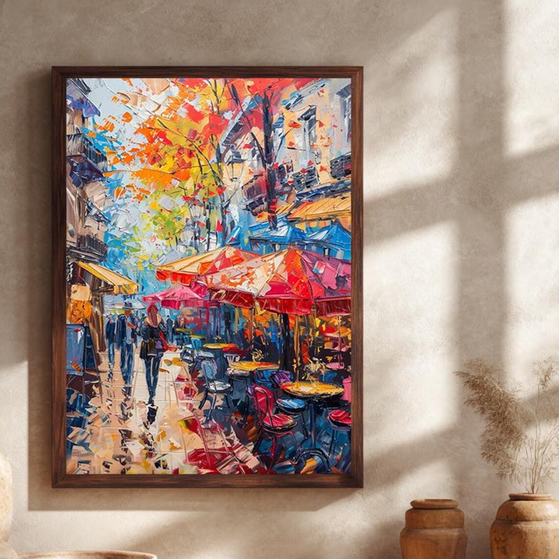 Autumn Street Cafe Rainy Parisian Umbrella Oil Painting Poster