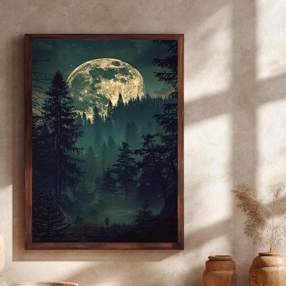 Mystical Moonlight Forest Canvas Wall Art With Lone Figure And Dark Nature Landscape Full Moon Night Print For Home Decor