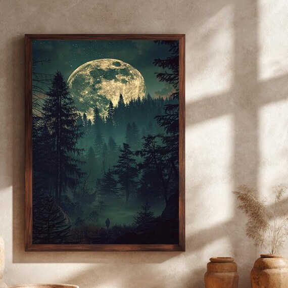 Mystical Moonlight Forest Lone Figure Night Sky Canvas Wall Art