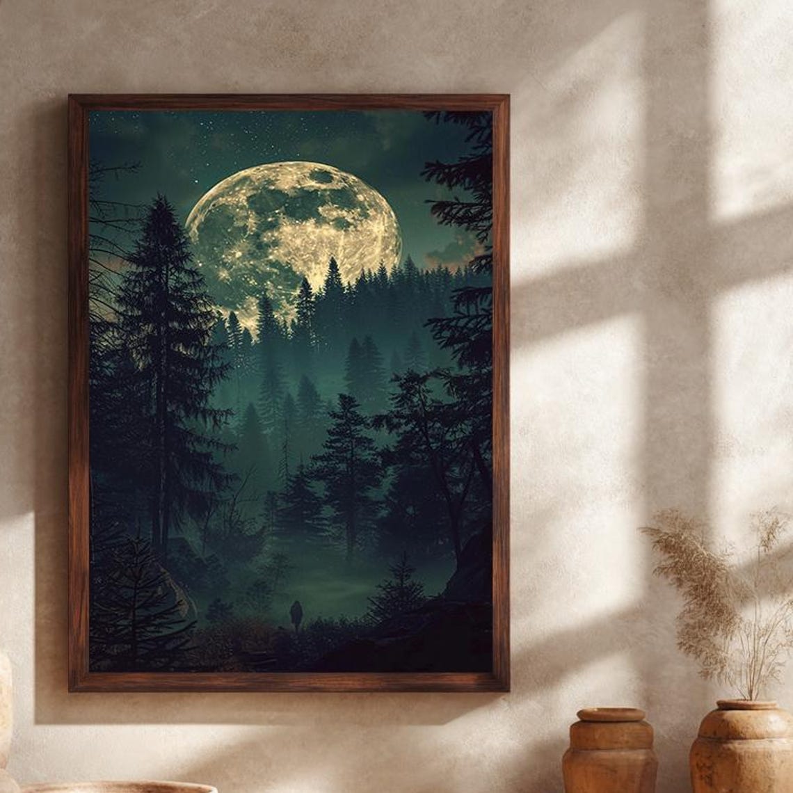 Mystical Moonlight Forest Lone Figure Night Sky Canvas Wall Art