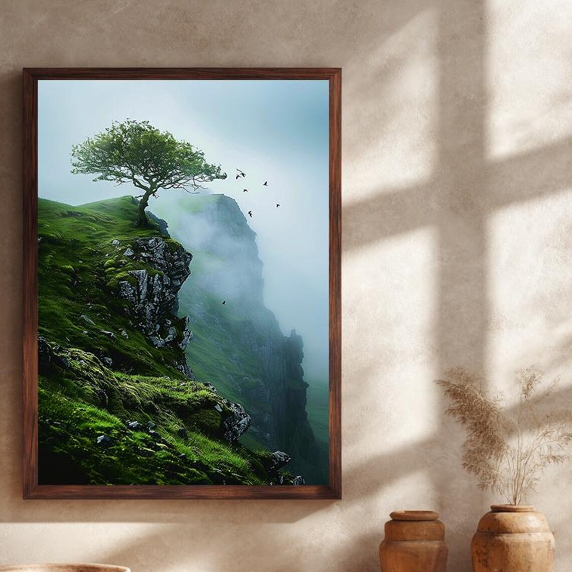 Lone Tree Misty Cliff Dramatic Highland Gorge Landscape Poster