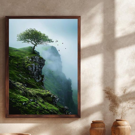 Lonely Tree On Misty Cliff Canvas Wall Art Dramatic Mountain Landscape Print Enchanted Nature Artwork For Rustic Moody