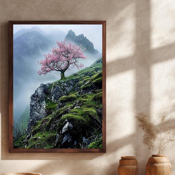 Pink Blossom Tree On Misty Mountain Cliff Canvas Wall Art Enchanted Fantasy Landscape Print Romantic Nature Artwork For Moody Home Decor