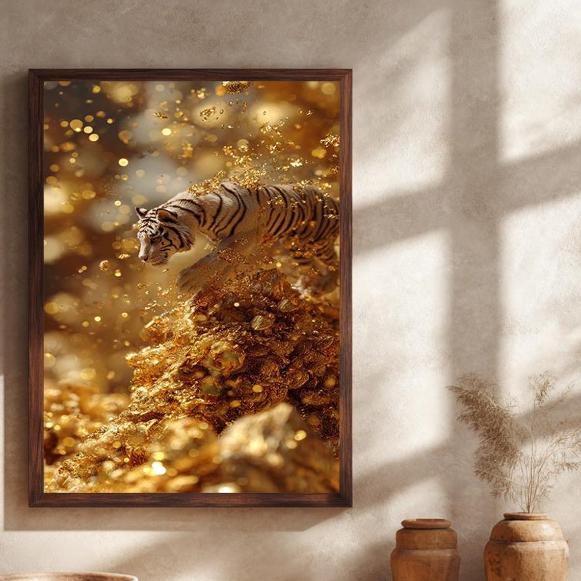 White Tiger Leaping Gold Glitter Jungle Powerful Wildlife Art Poster