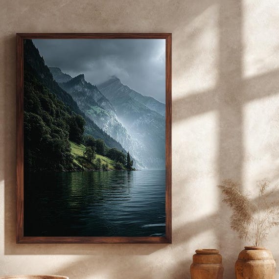 Moody Mountain And Lake Canvas Wall Art With Misty Peaks Forest Reflections Serene Nature Landscape Print For Rustic Or Minimal Decor