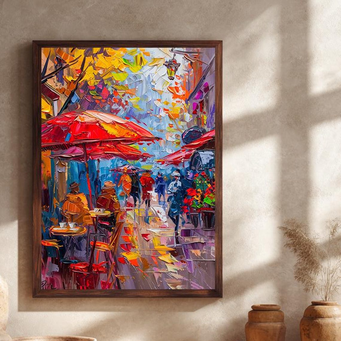 Autumn City Cafe Street Scene With Red Umbrellas on a Rainy Day Poster