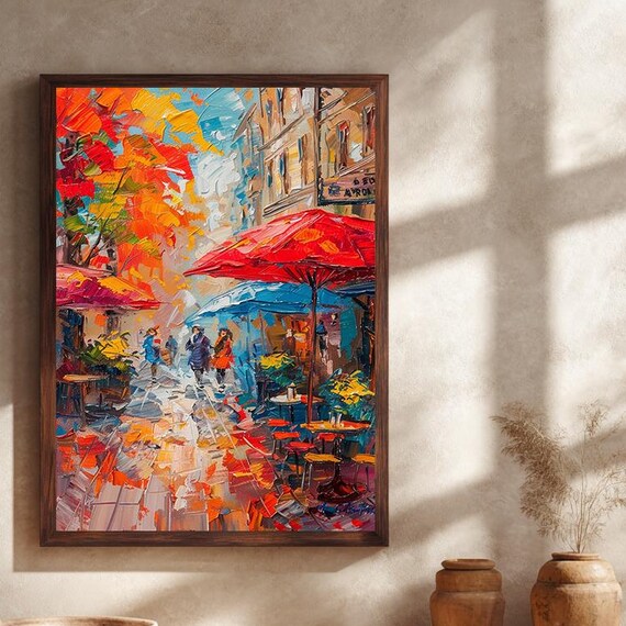 Autumn City Street Red Umbrellas Cafe Oil Painting Style Poster