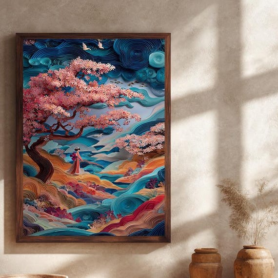 Japanese Cherry Blossom Fantasy Canvas Wall Art Surreal Oriental Landscape Print Dreamlike Nature Artwork For Elegant Home Decor