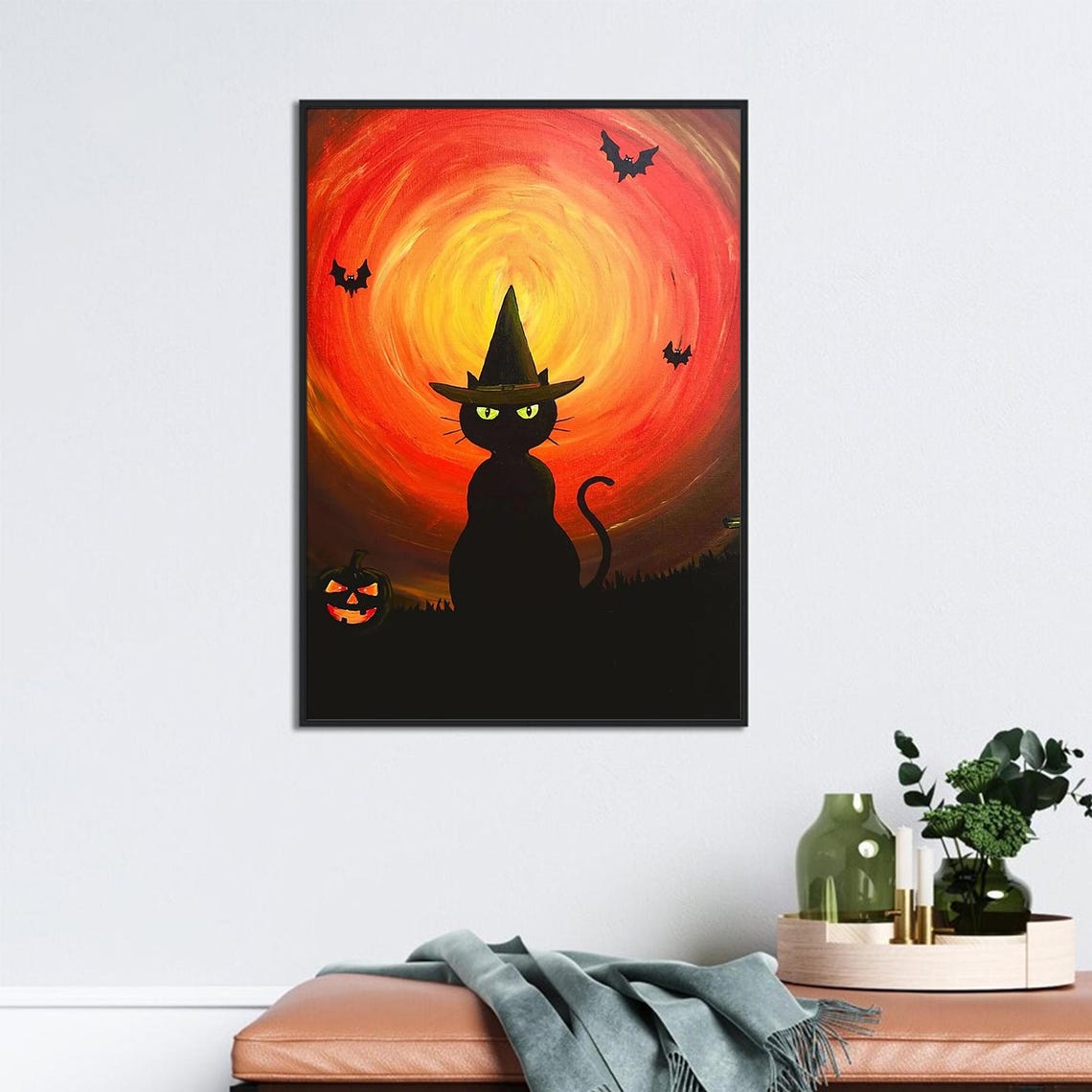 Black Cat In Witch Hat With Jackolantern Halloween Night Poster - Image 2