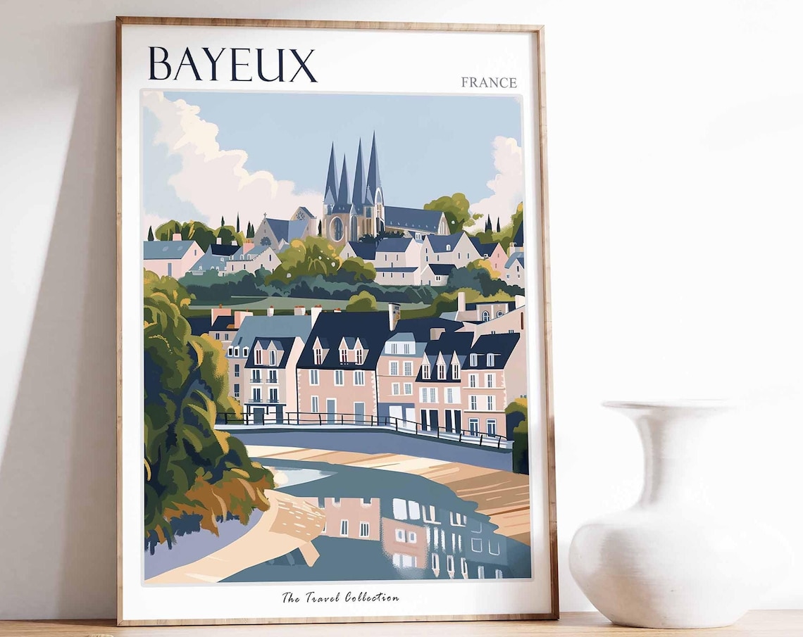Bayeux France Cathedral Riverside Illustrated Travel Poster Art
