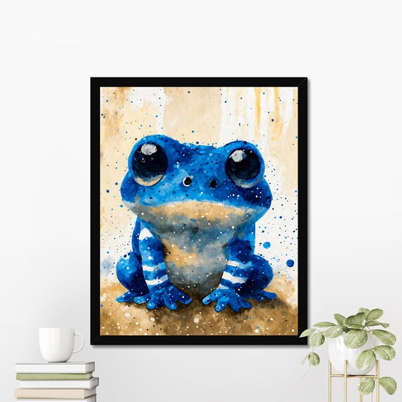 Cute Blue Frog Big Eyes Watercolor Portrait Splash Background Poster