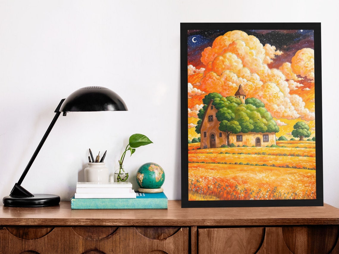 Orange Farmland House Fluffy Clouds Art Beautiful Sunset Sky Kids Room Decor Baby Room Farmhouse Colorful Stars And Nature Art Print - Image 3