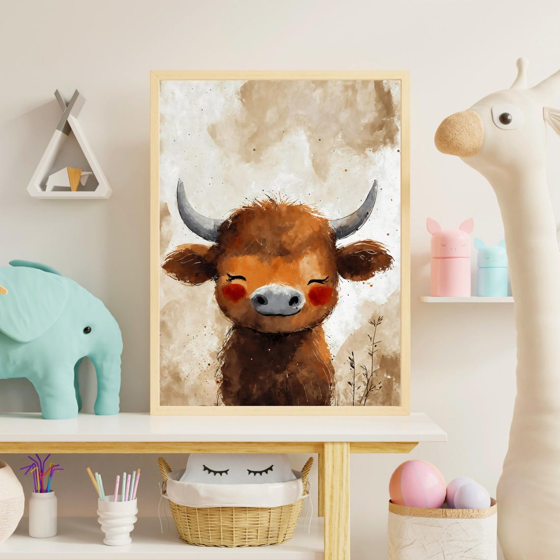 Brown Baby Highland Cow Art Print Smiling Bull Portrait Farmhouse Wall Art Kids Room Decor Nursery Art Animal Lover Gift 8x10 24x36