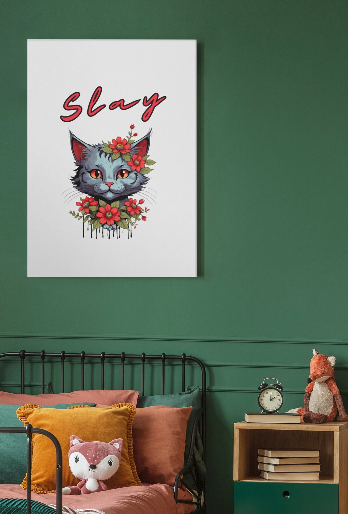 Slay Gray Cat With Red Flowers Bold Floral Feline Girl Power Poster - Image 3