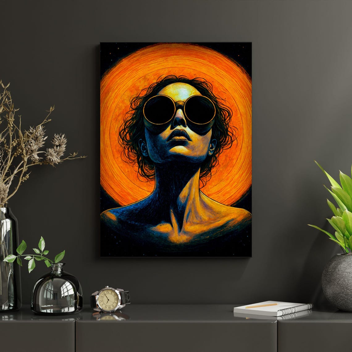 Steampunk Gothic Female Portrait Orange Cosmic Sun Halo Wall Art Print - Image 4