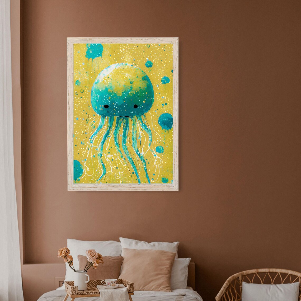 Teal Jellyfish Yellow Splatter Ocean Nursery Kids Room Wall Art - Image 2