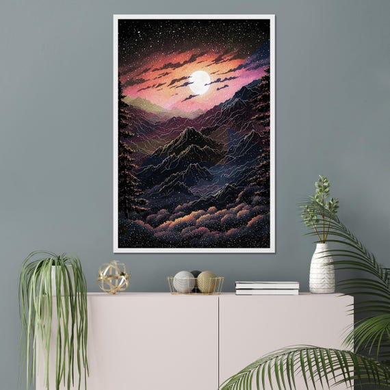 Vivid Moonlit Mountain Landscape Art Print Starry Night Sky Color Fantasy Scenery Nature Wall Decor Dreamy Art Unique Gift 8x10 24x36