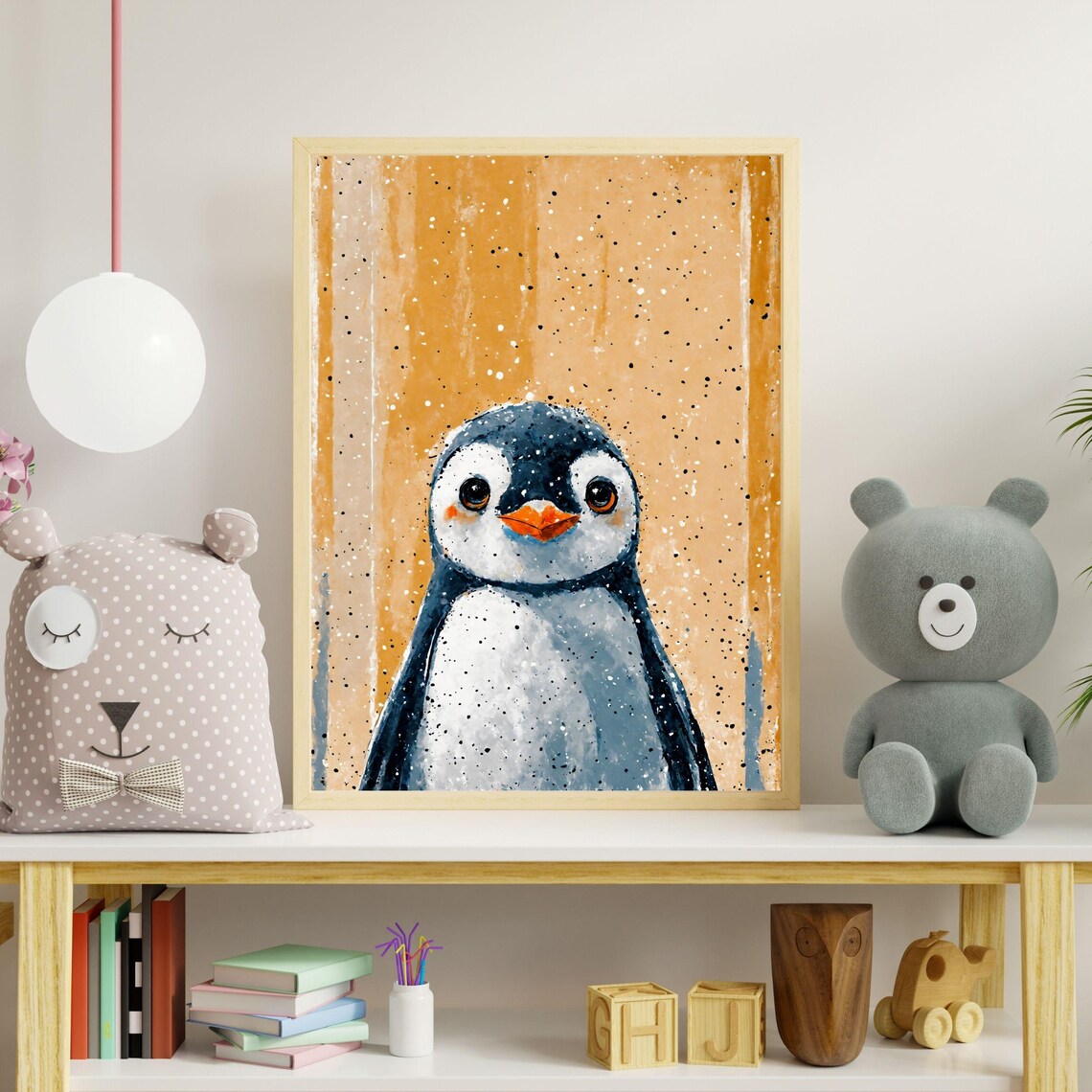 Cute Baby Penguin Watercolor Portrait Orange Background Nursery Print