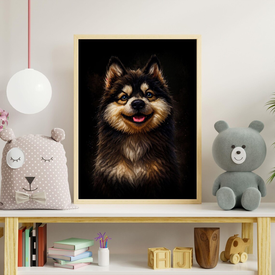 Smiling Finnish Lapphund Nordic Dog Black Background Portrait Poster