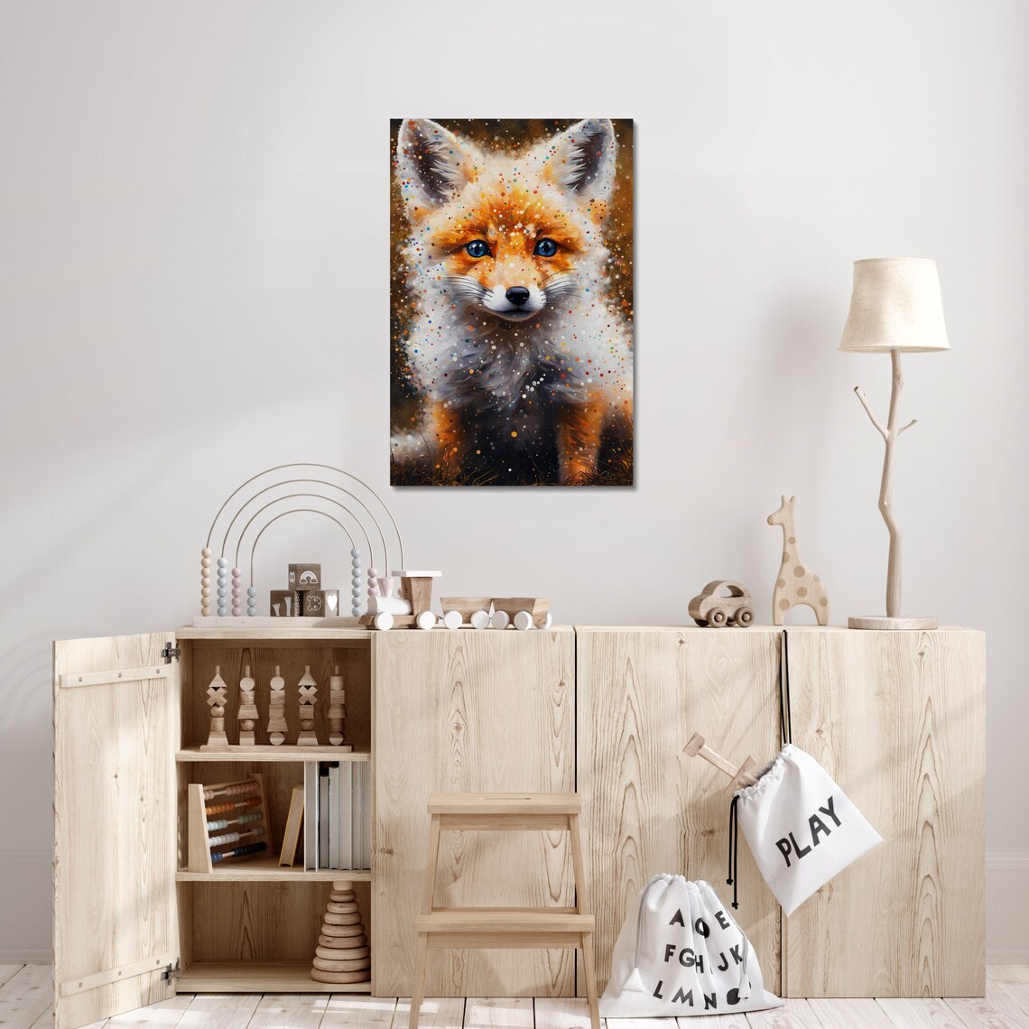 Fox Kit Portrait Blue Eyes Colorful Speckles Magical Wildlife Art Print - Image 2