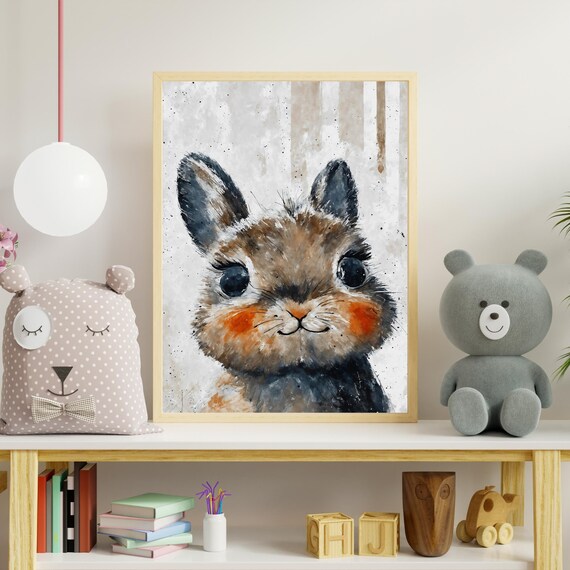 Cute Brown Baby Bunny Watercolor Portrait Fluffy Rabbit Nursery Art Print