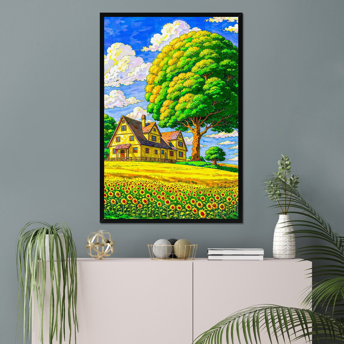 Vibrant Colour Farmhouse Illustration Wall Art Colorful Anime Style House Prints Sunflowers Field Happy Summer Day Poster Art For Kids - Image 3