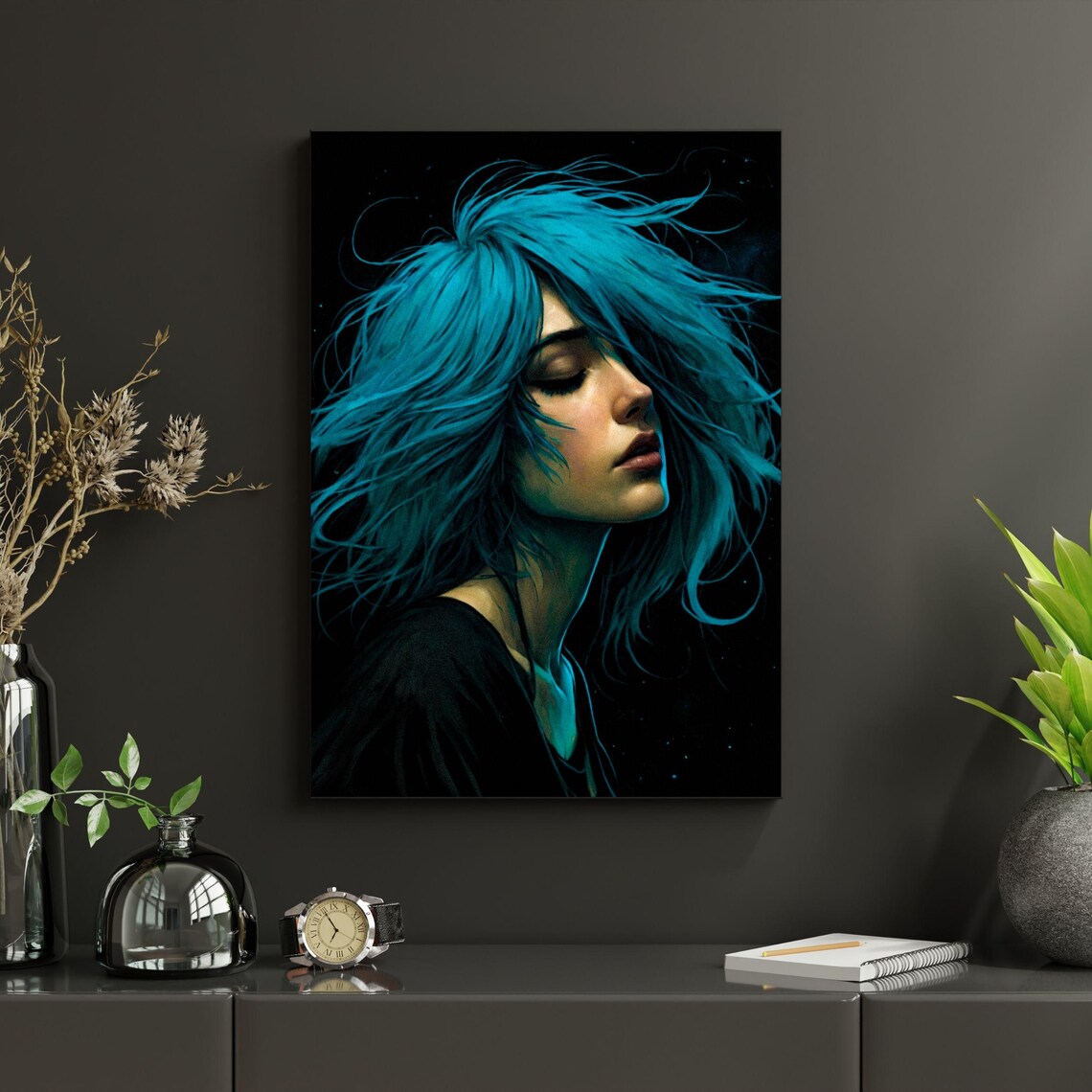 Windblown Teal Blue Hair Woman Portrait Emotional Dark Beauty Wall Art - Image 3